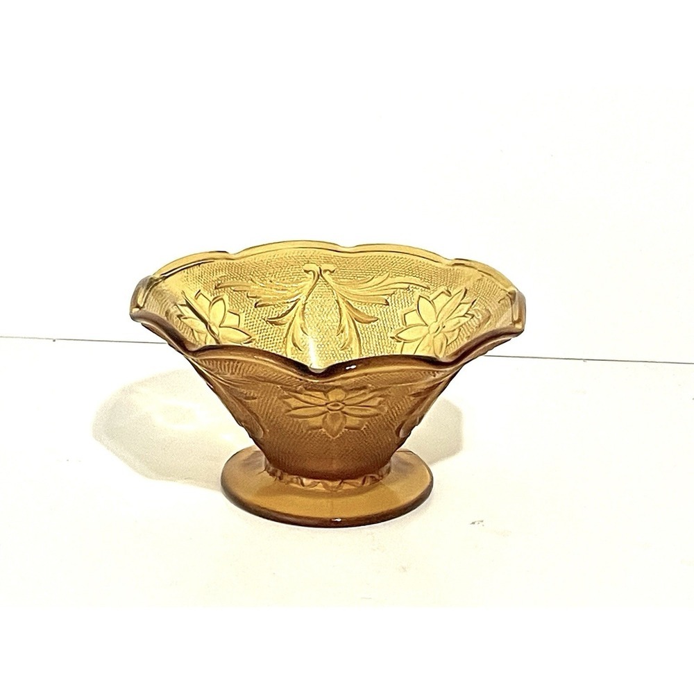 Vintage Tiara Indiana Glass Amber Scallop Footed 3.25 Ht Relish Bowl Candy Dish